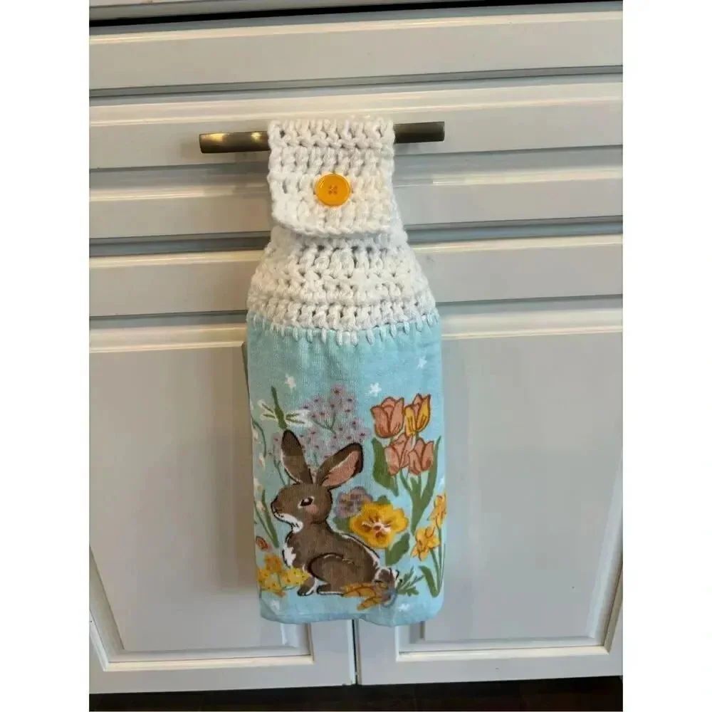 Crochet Top Kitchen Towel-Spring bunny with flowers
